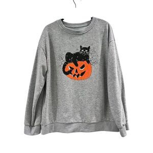 Halloween Black Cat & Pumpkin Graphic Sweatshirt Gray Unisex M